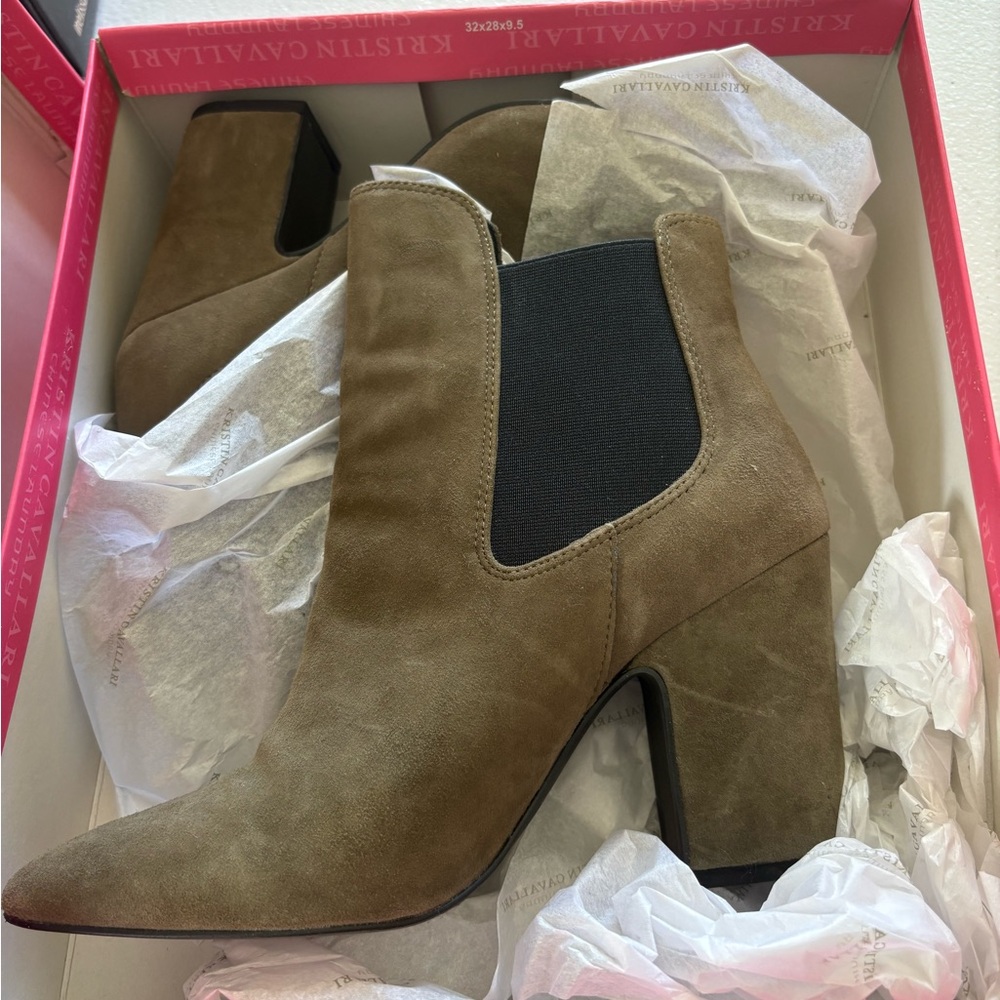 Starlight Ankle Boots in Olive Kid Suede. 3.5 inch heel